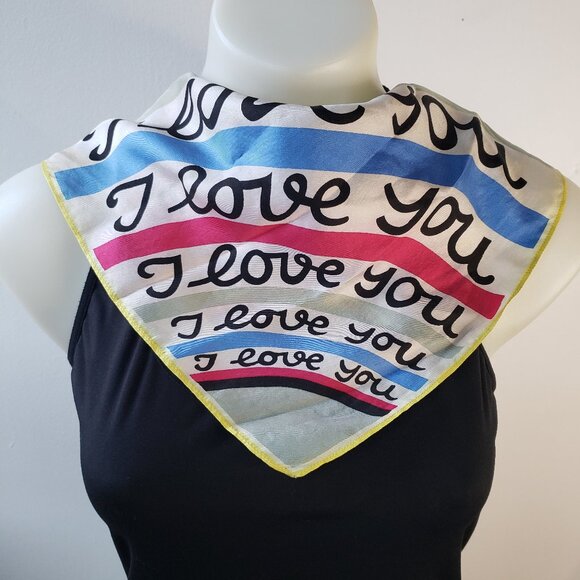 I Love You/Je Vous Aime Vintage French Silk Scarf Pink Blue White Yellow - Picture 9 of 9